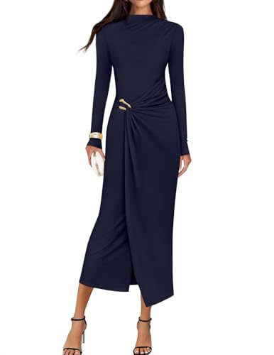 Petra | Wedding Guest Long Sleeve Bodycon Midi Dress Prom Knit Bridesmaid - Dark Blue