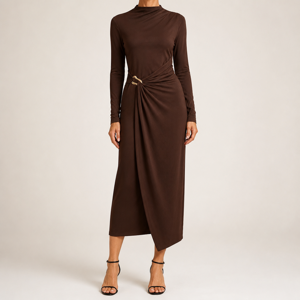 Petra | Womens Wedding Guest Long Sleeve Bodycon Midi Prom Dress, Dark Brown