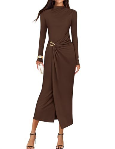Petra | Wedding Guest Long Sleeve Bodycon Midi Dress Prom Knit Bridesmaid - Dark Brown