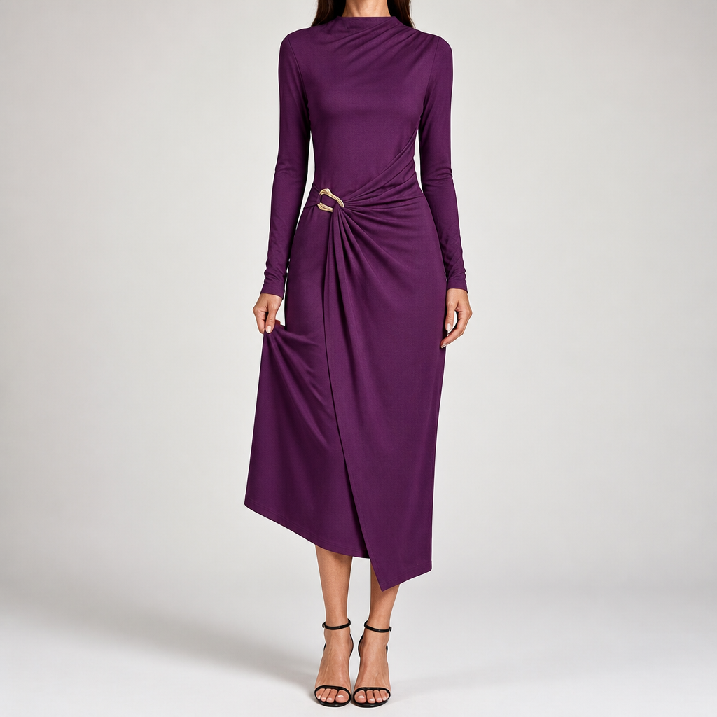 Petra | Womens Wedding Guest Long Sleeve Bodycon Midi Prom Dress, Deep Purple