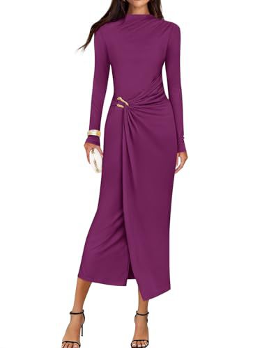 Petra | Wedding Guest Long Sleeve Bodycon Midi Dress Prom Knit Bridesmaid - Deep Purple