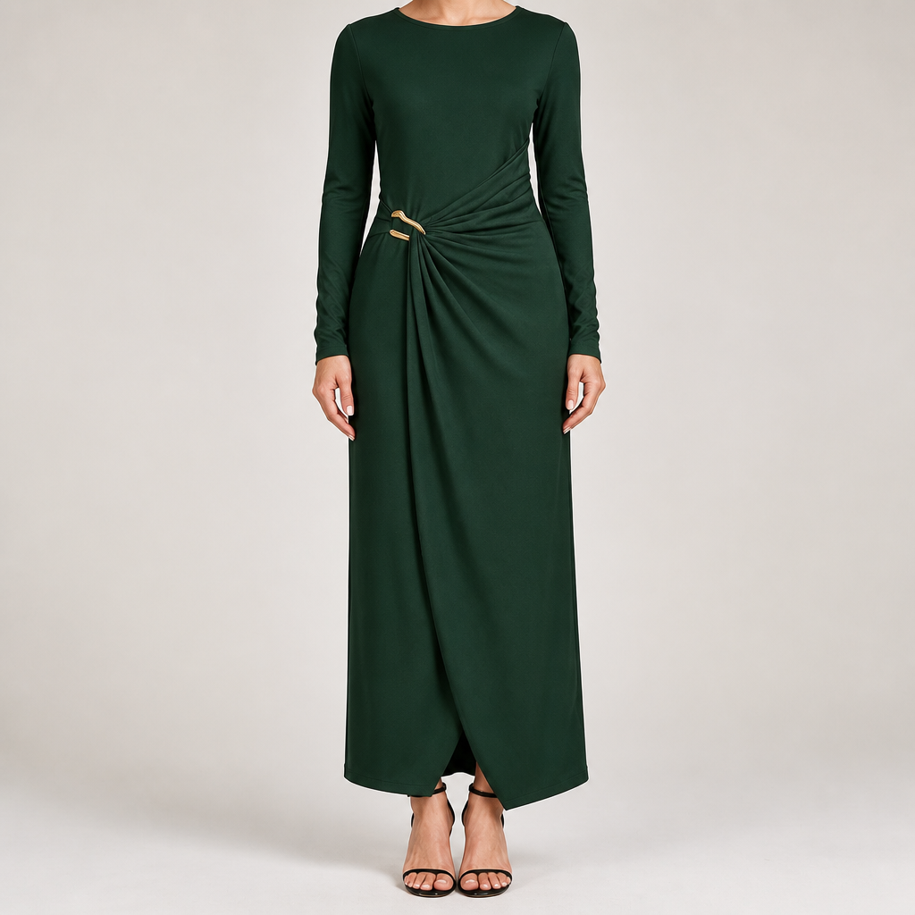Petra | Womens Wedding Guest Long Sleeve Bodycon Midi Prom Dress, Olive Green