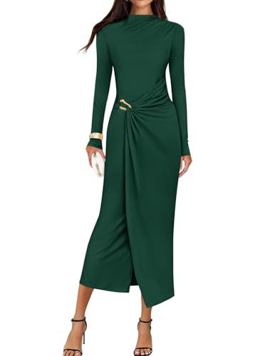 Petra | Wedding Guest Long Sleeve Bodycon Midi Dress Prom Knit Bridesmaid - Olive Green