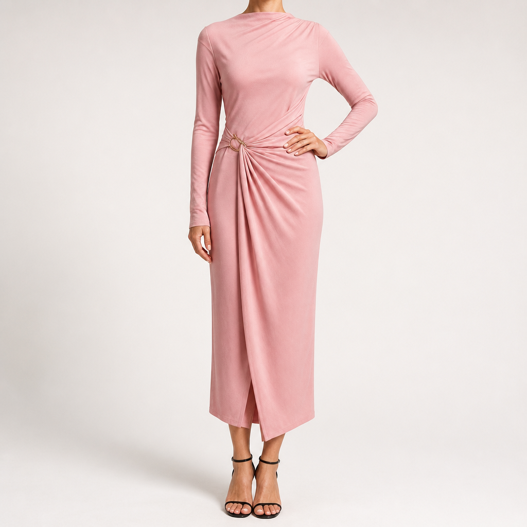Petra | Womens Wedding Guest Long Sleeve Bodycon Midi Prom Dress, Pink