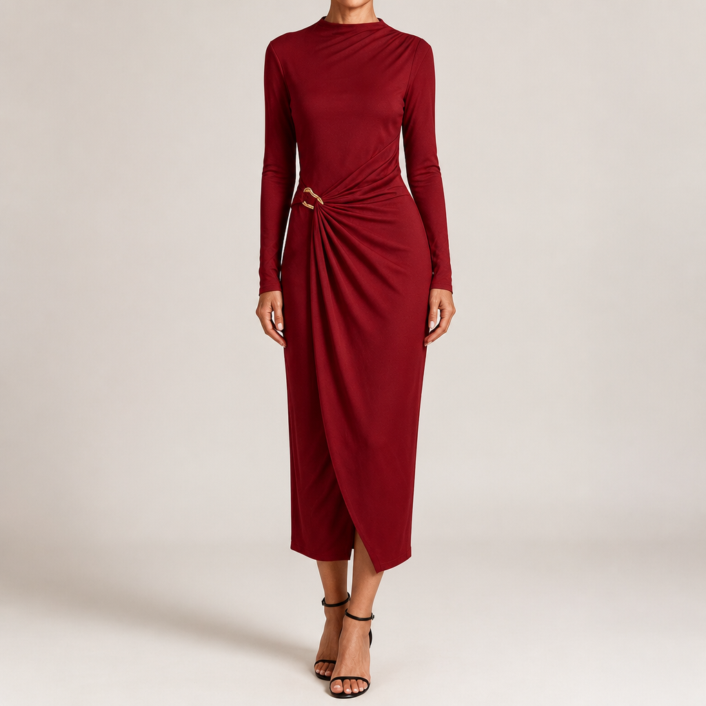 Petra | Womens Wedding Guest Long Sleeve Bodycon Midi Prom Dress, Wine Red