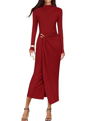 Petra | Wedding Guest Long Sleeve Bodycon Midi Dress Prom Knit Bridesmaid - Wine Red