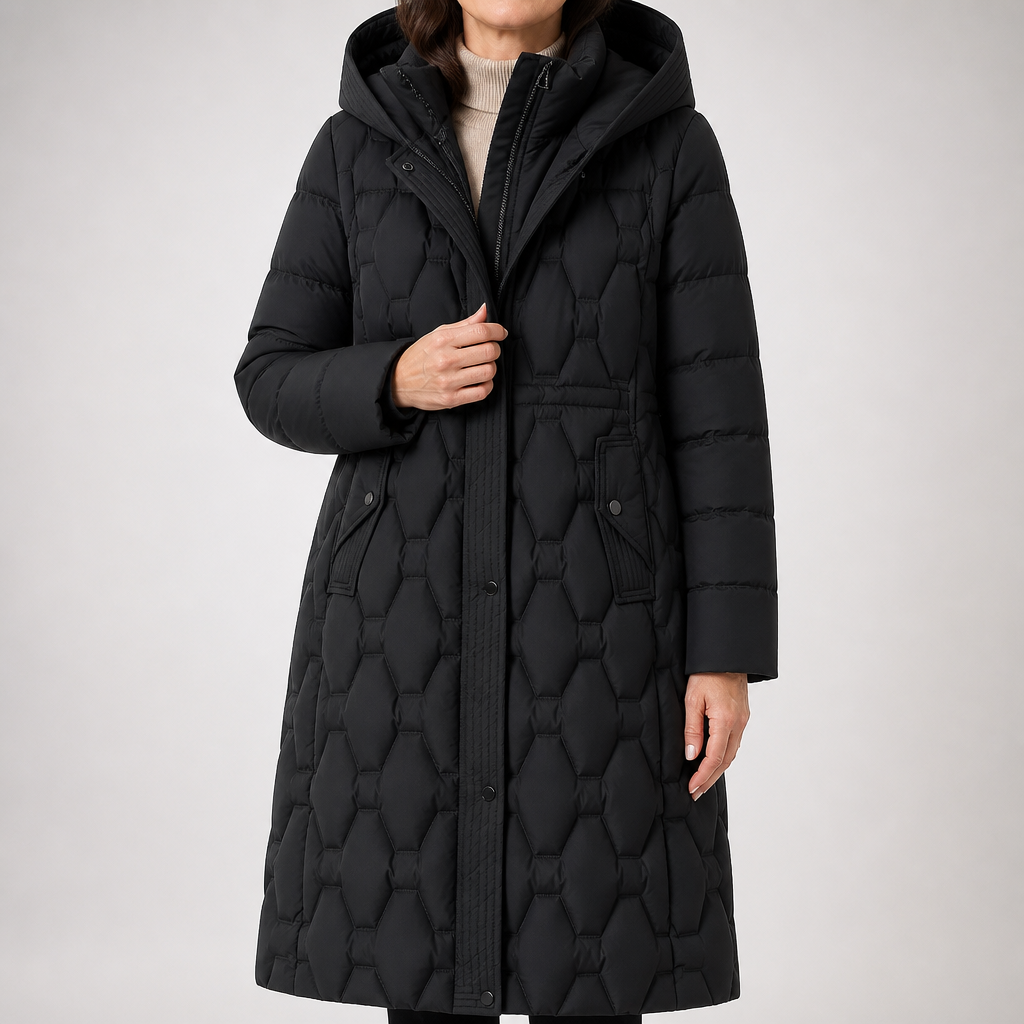 Philippa | Womens Padded Waist Cinching Warm Winter Long Coat, Black