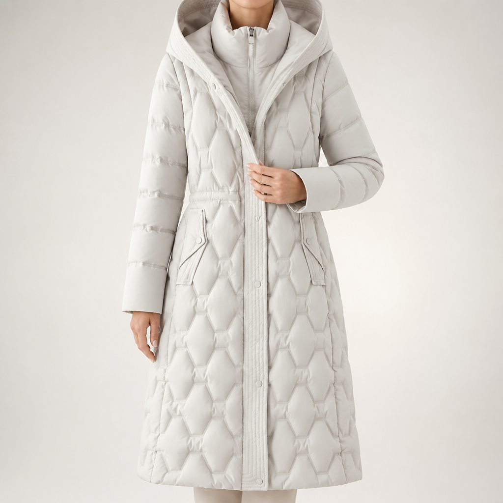 Philippa | Womens Padded Waist Cinching Warm Winter Long Coat, Off White