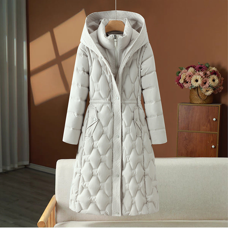 Philippa | Womens Waist Cinching Padded Long Coat - Off White