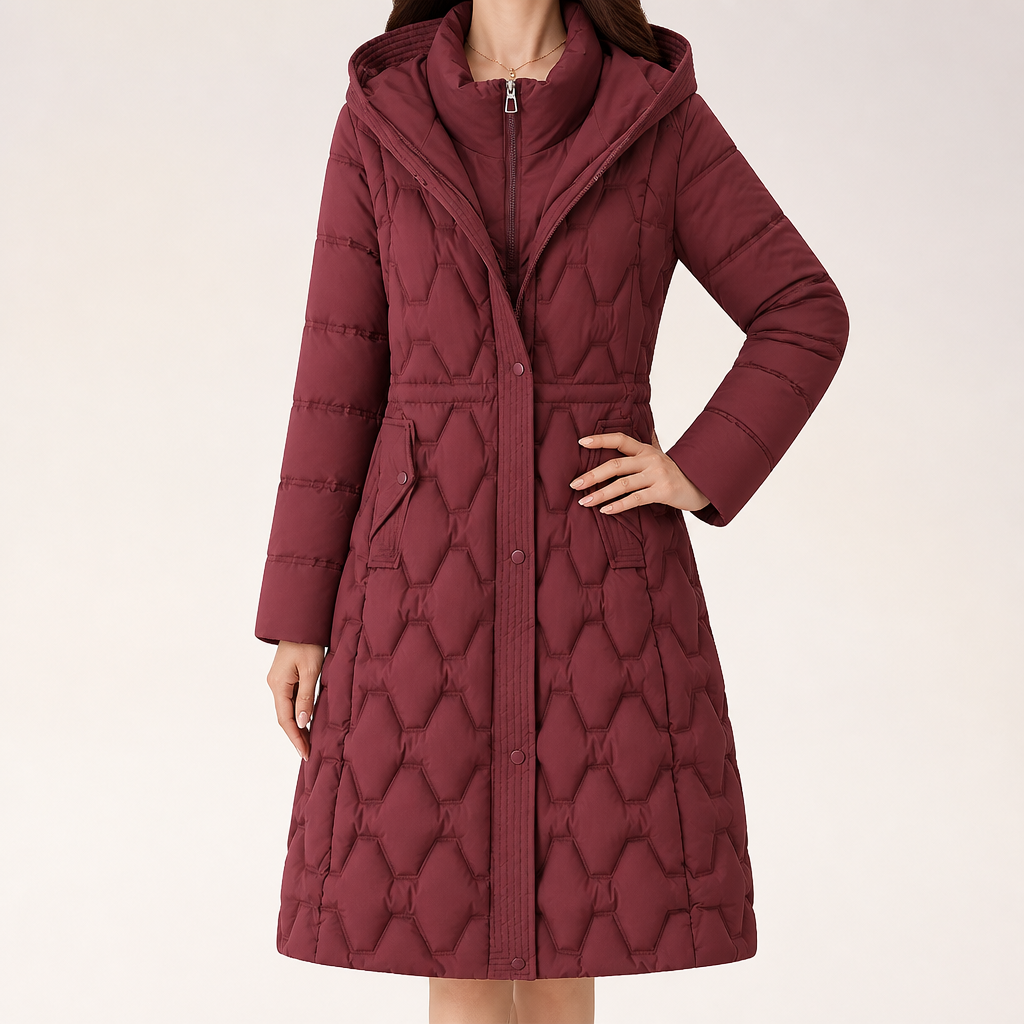 Philippa | Womens Padded Waist Cinching Warm Winter Long Coat, Red