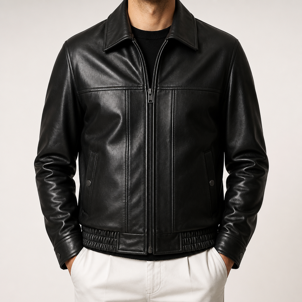 Pierce | Mens Lapel Faux Leather Autumn Down Jacket, Black