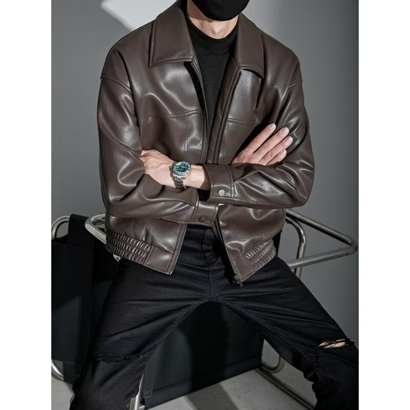 Pierce | Mens Lapel Faux Leather Jacket, Coffee