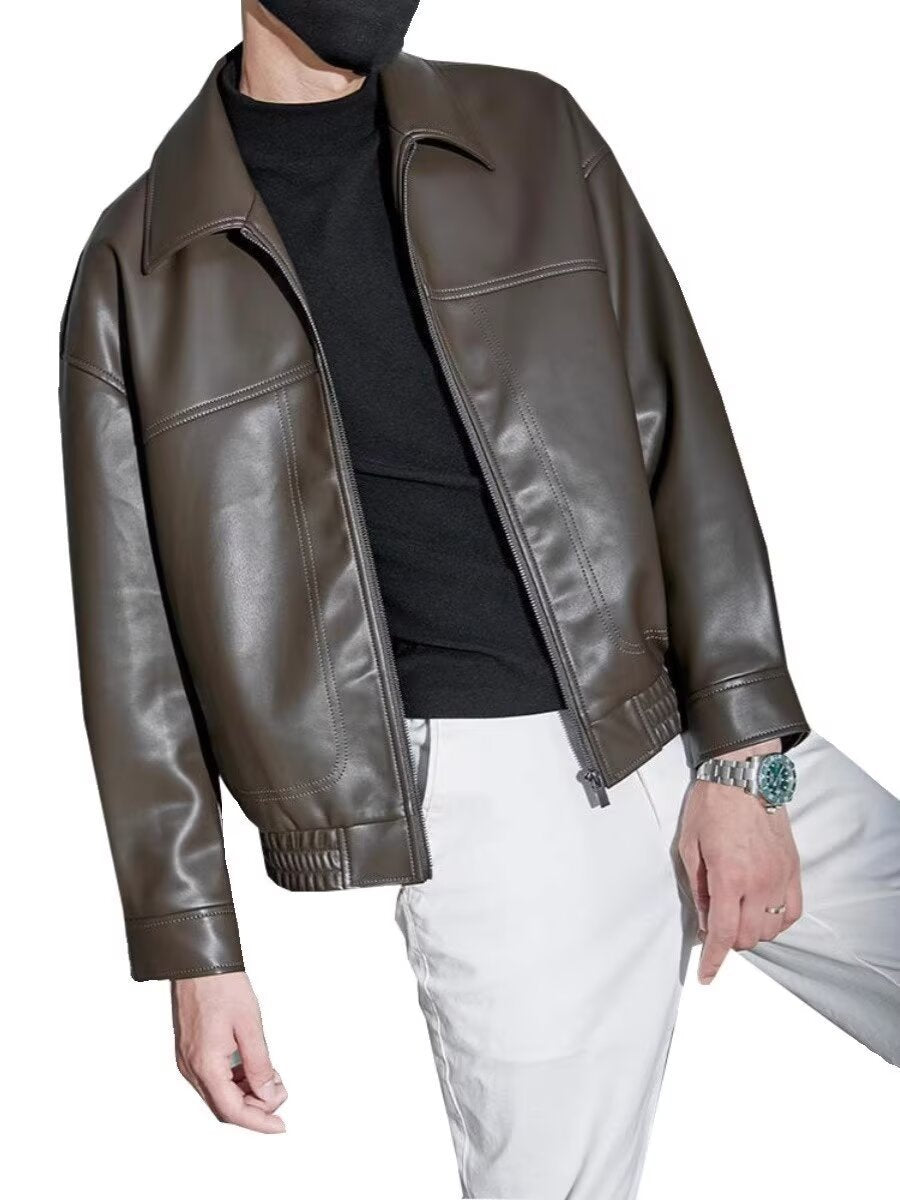 Pierce | Mens Lapel Faux Leather Jacket, Coffee