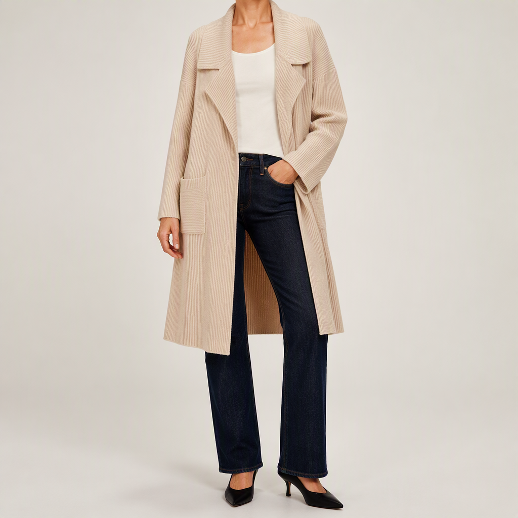 Pippa | Womens Cardigan Knitted Longline Open Front Sweater, Apricot
