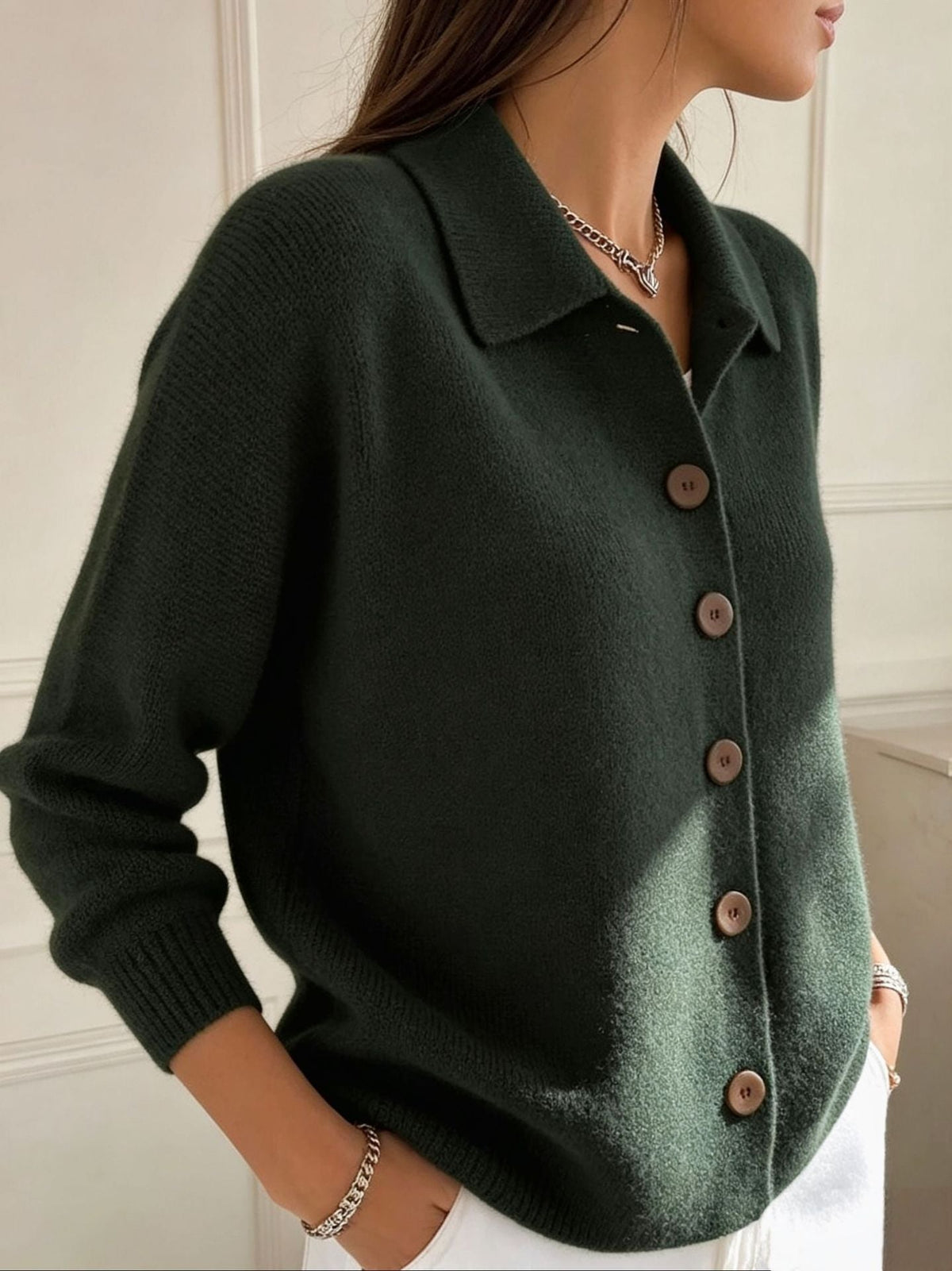 Polly | Womens Collared Knit Cardigan Sweater, Army Green