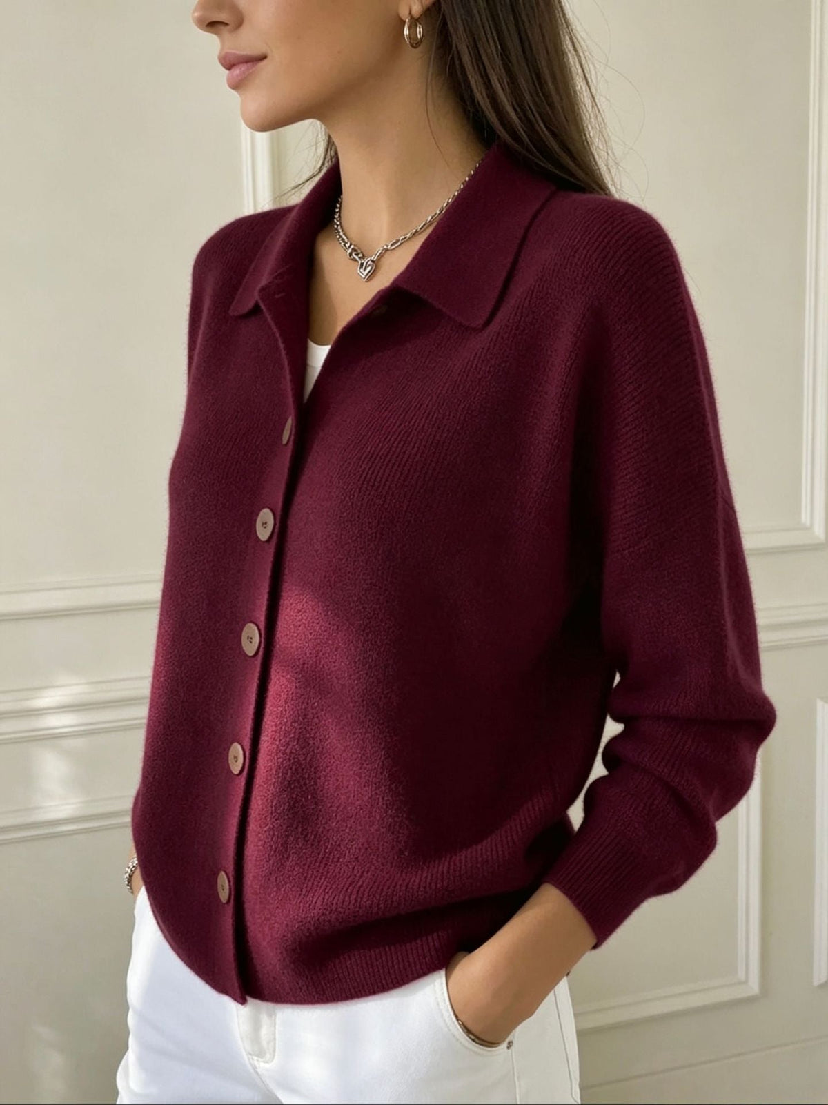Polly | Womens Collared Knit Cardigan Sweater, Burgundy
