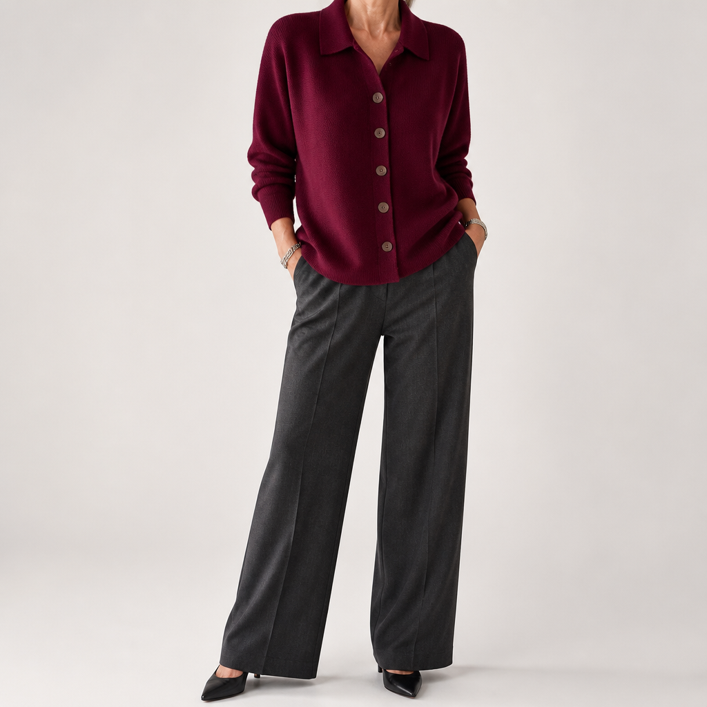 Polly | Womens Collared Knit Cardigan Jumper, Burgundy