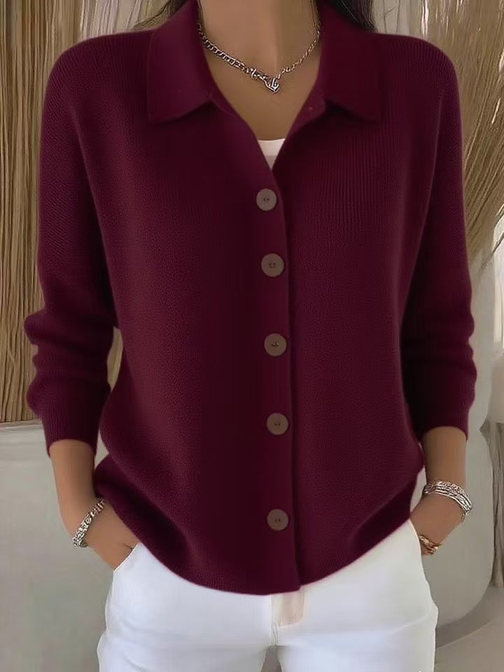 Polly | Womens Collared Knit Cardigan Sweater, Burgundy