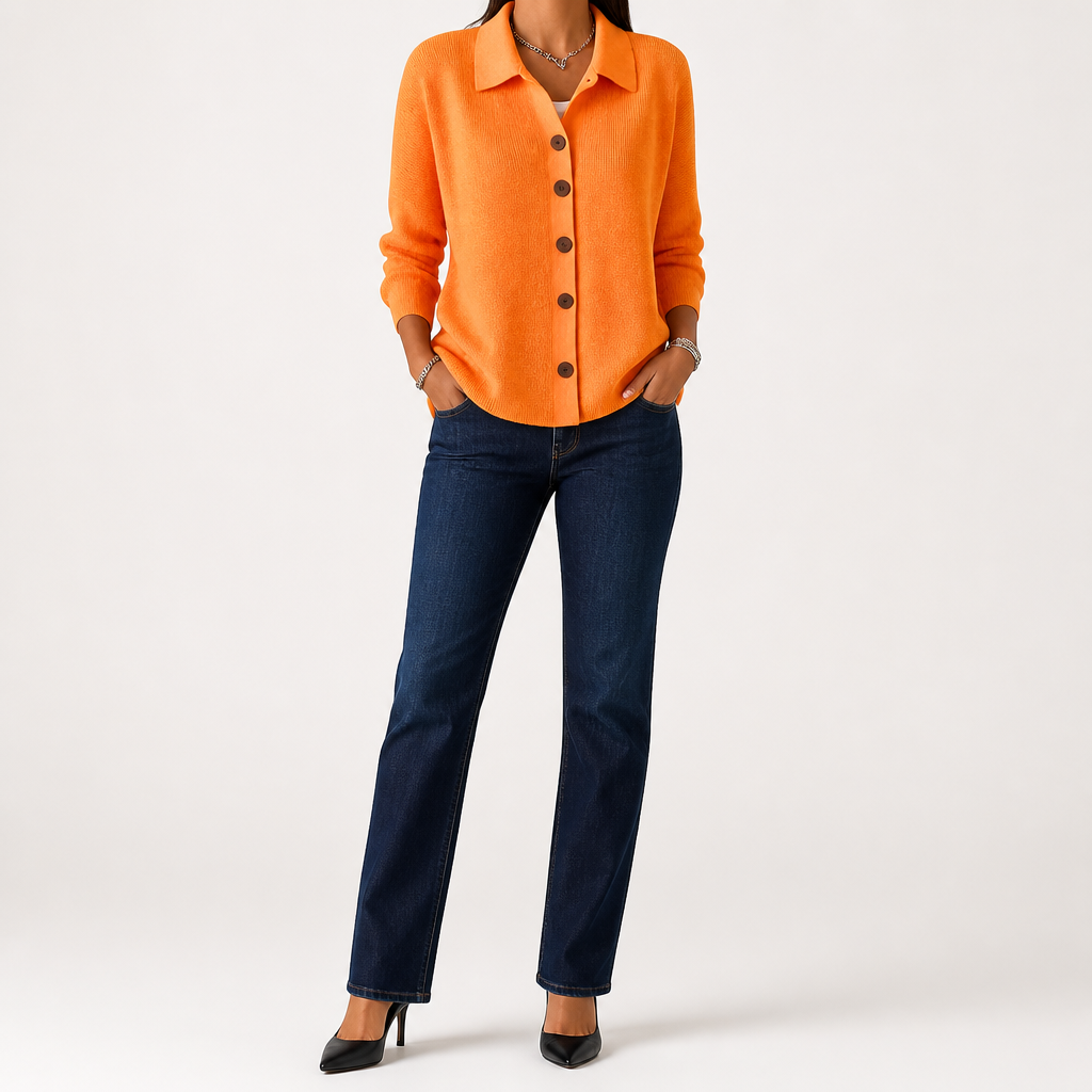 Polly | Womens Collared Knit Cardigan Jumper, Orange