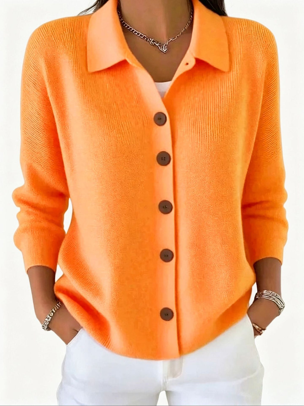 Polly | Womens Collared Knit Cardigan Sweater, Orange