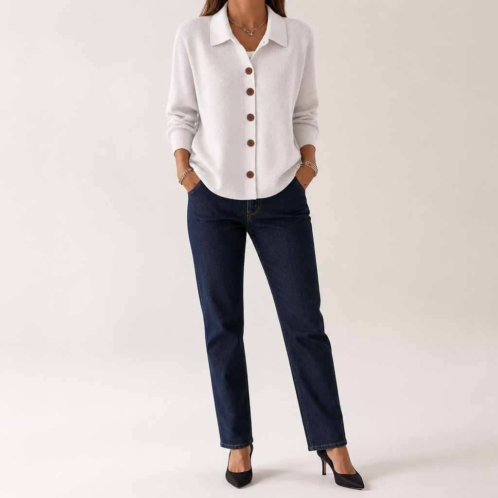 Polly | Womens Collared Knit Cardigan Jumper, White
