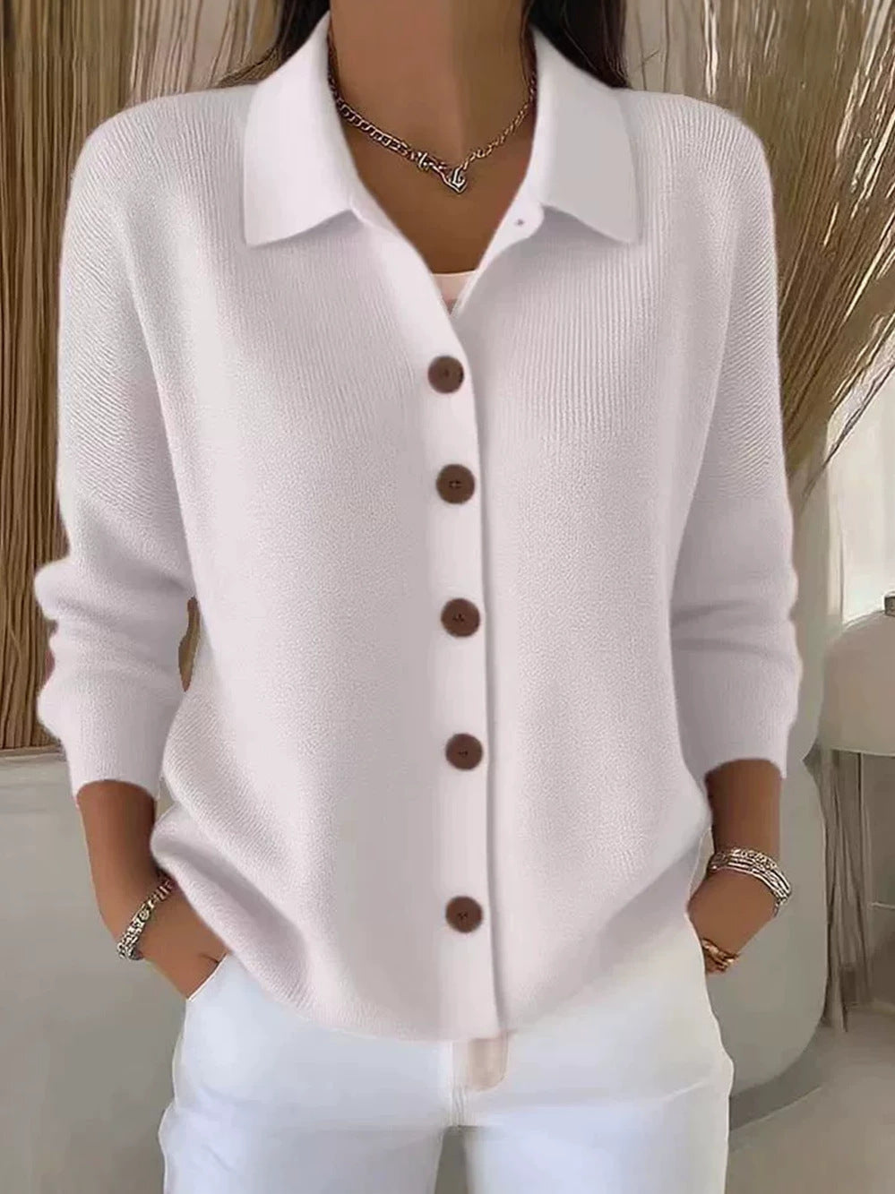 Polly | Womens Collared Knit Cardigan Sweater, White