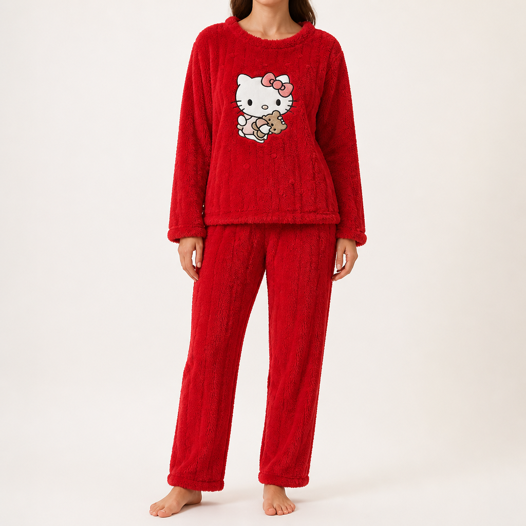 Priya | Womens Fleece Pyjamas Warm Winter Loungewear Set, Red