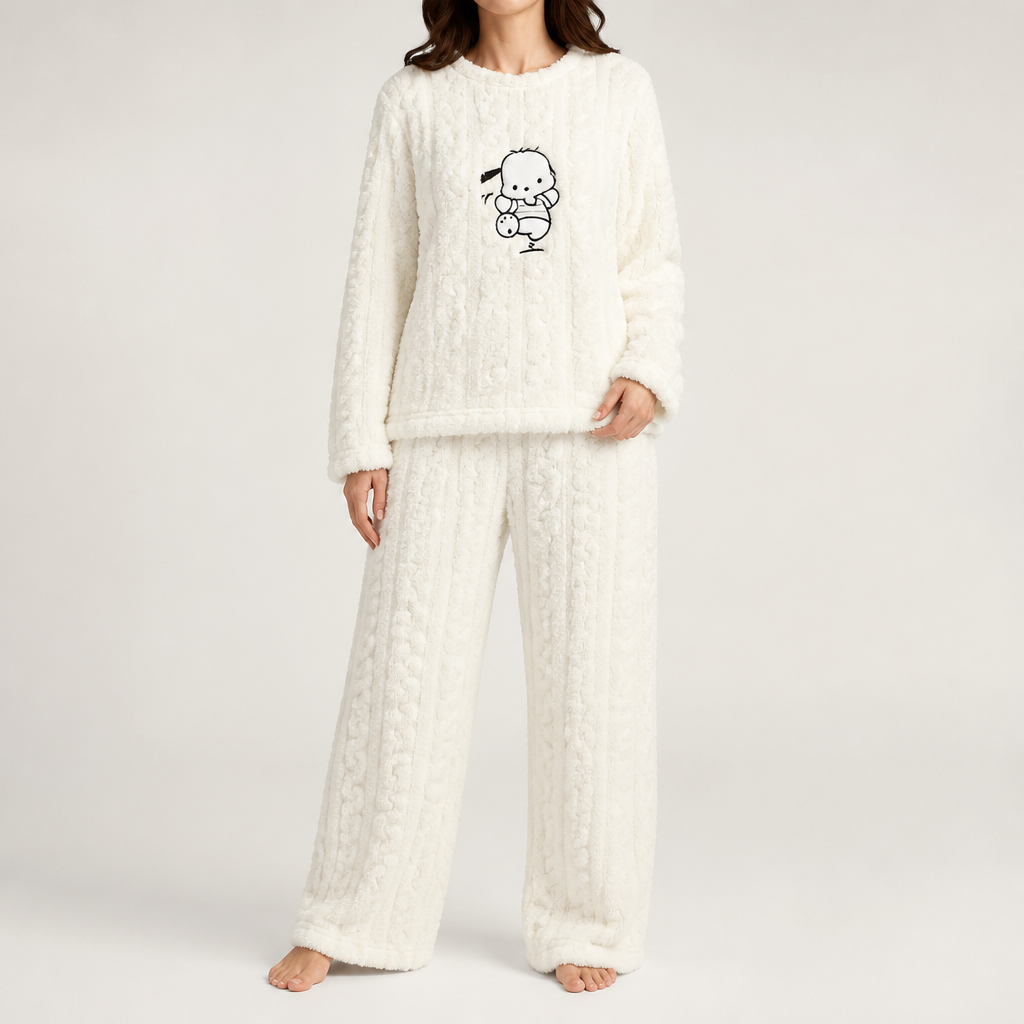 Priya | Womens Fleece Pyjamas Warm Winter Loungewear Set, White 2