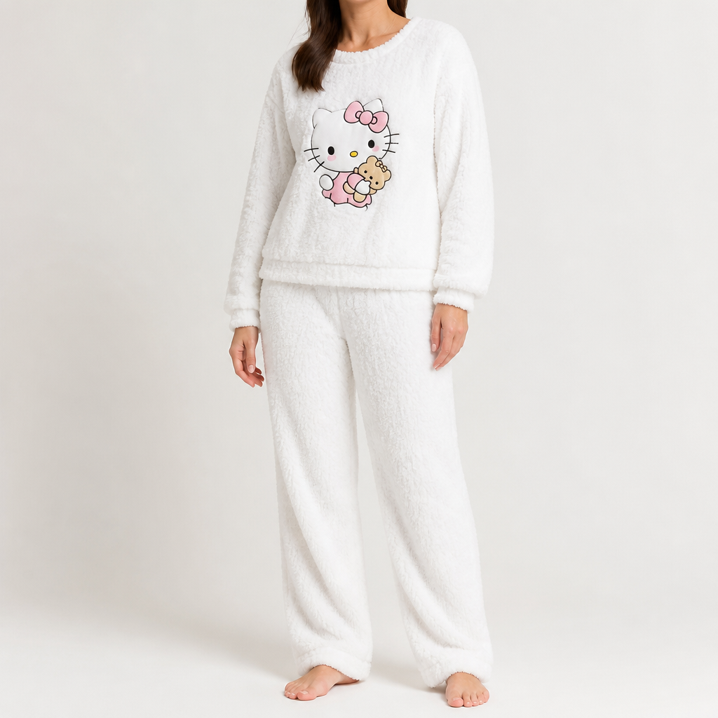 Priya | Womens Fleece Pyjamas Warm Winter Loungewear Set, White