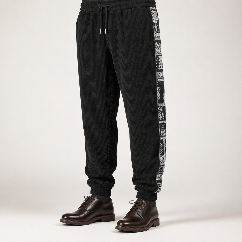 Quill | Mens Corduroy Straight Casual Loose Patchwork Trousers, Black