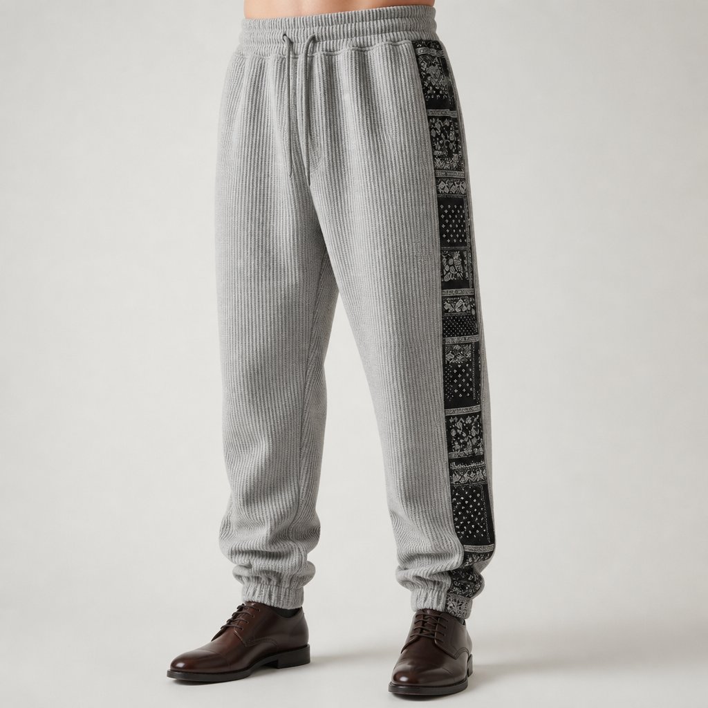 Quill | Mens Corduroy Straight Casual Loose Patchwork Trousers, Light Grey