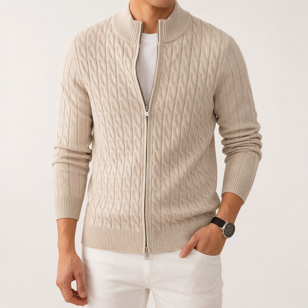 Reginald | Mens Jacquard Knit Heavyweight Thick Warm Jumper Cardigan, Apricot