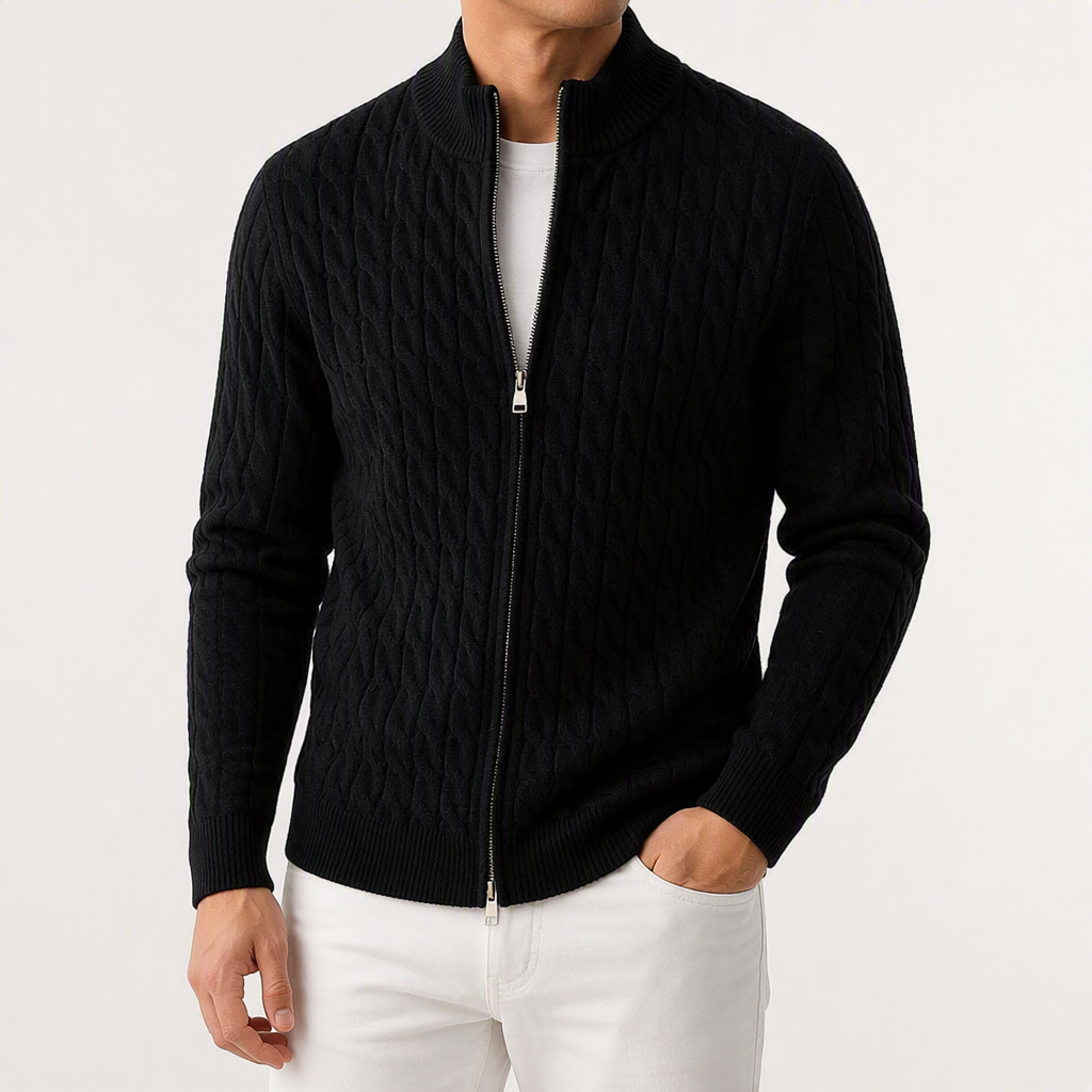 Reginald | Mens Jacquard Knit Heavyweight Thick Warm Jumper Cardigan, Black