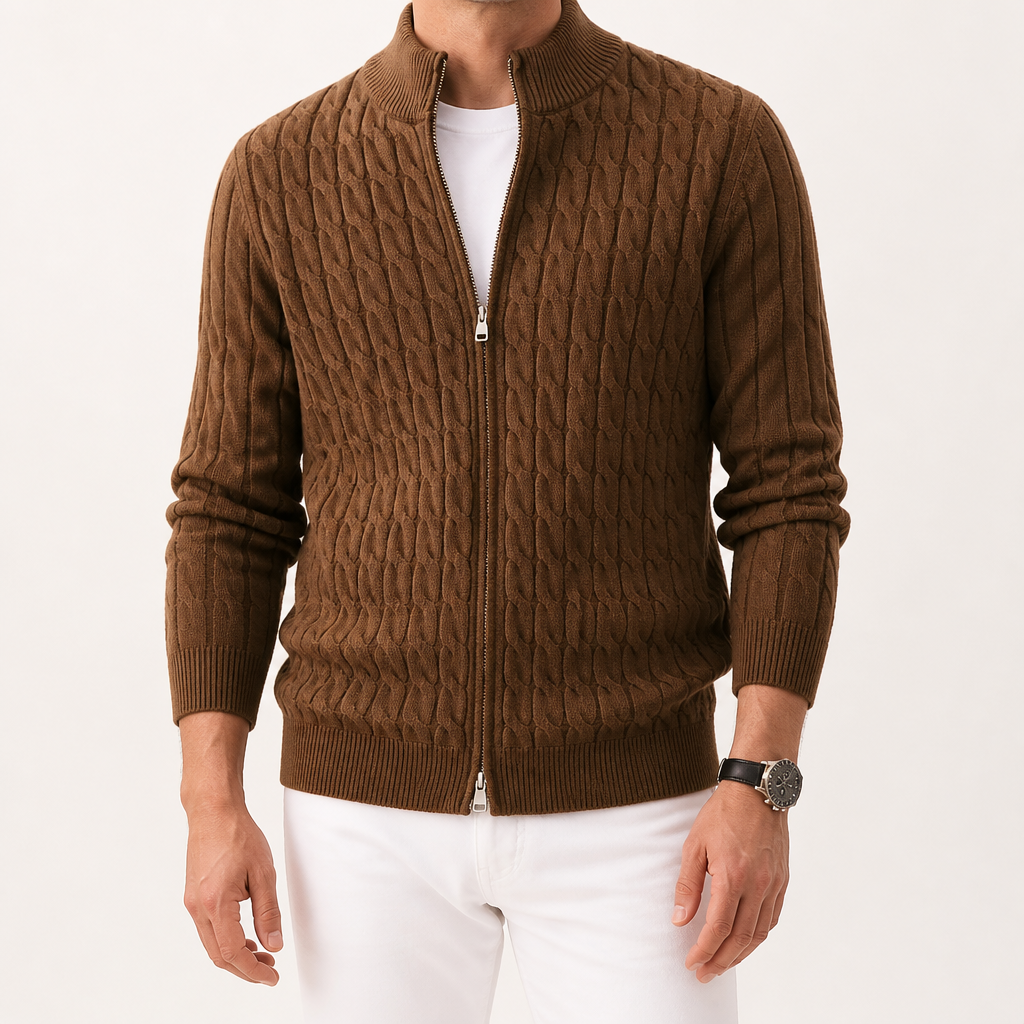 Reginald | Mens Jacquard Knit Heavyweight Thick Warm Jumper Cardigan, Mocha