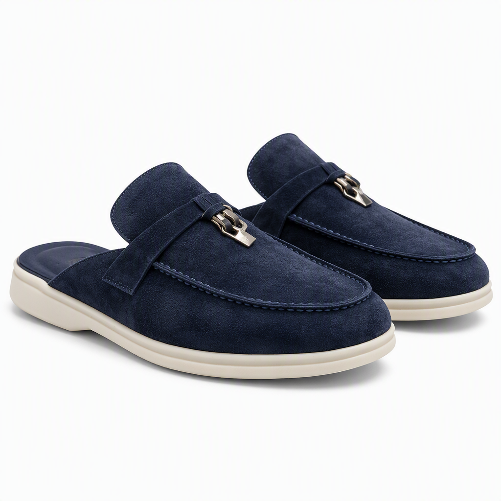 Sasha | Womens Leather Slip on Closed Toe Mules Sandals Dark Blue packshot