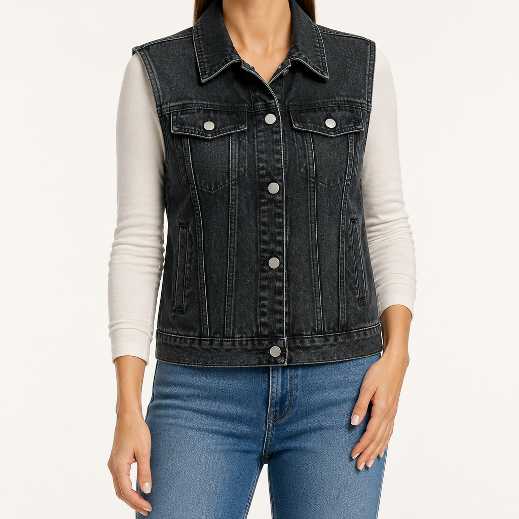 Genevieve | Womens Hooded Denim Gilet, Charcoal Grey