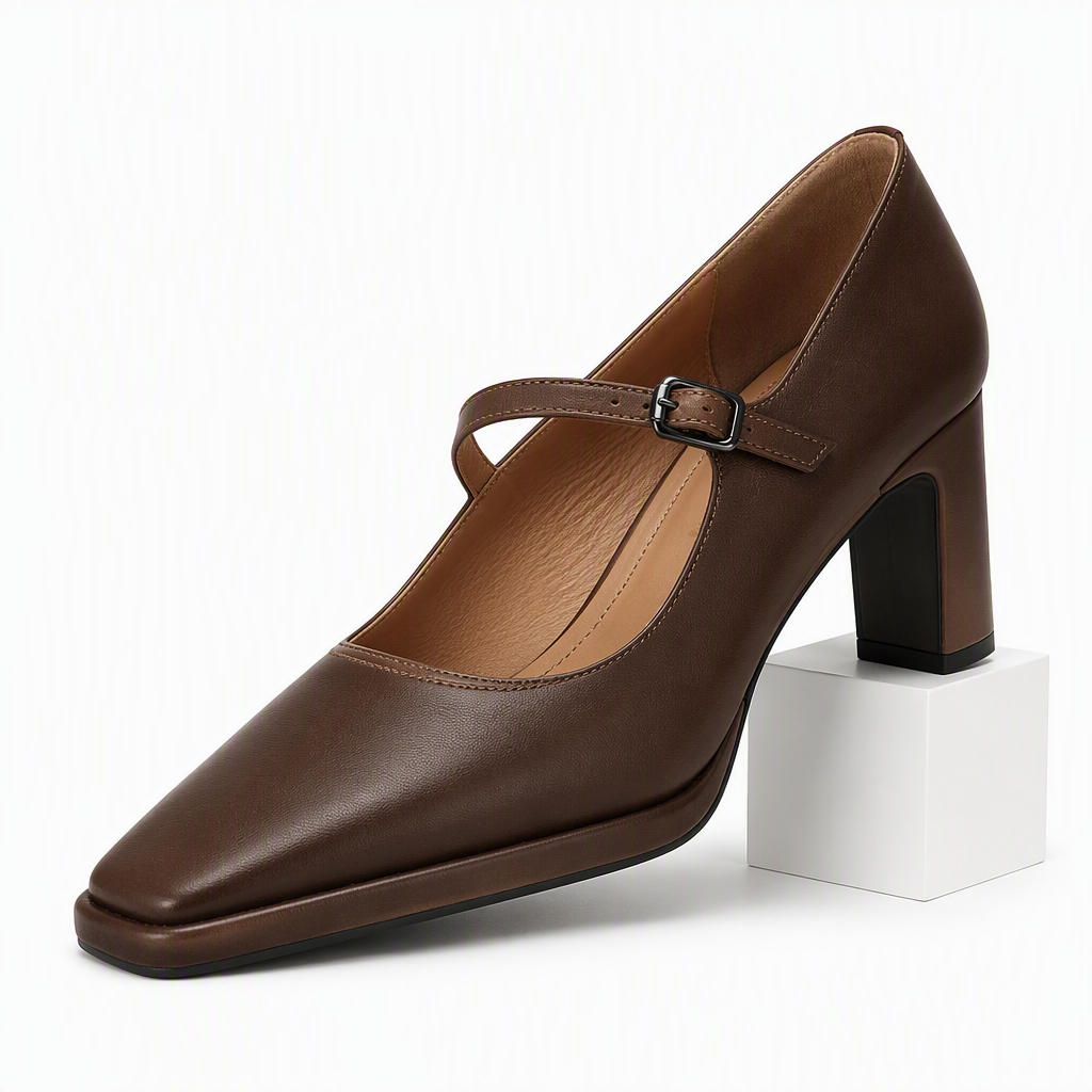 Beatrix | Womens Pointed Toe Chunky Heel Buckle High Heel Shoes Dark Brown packshot