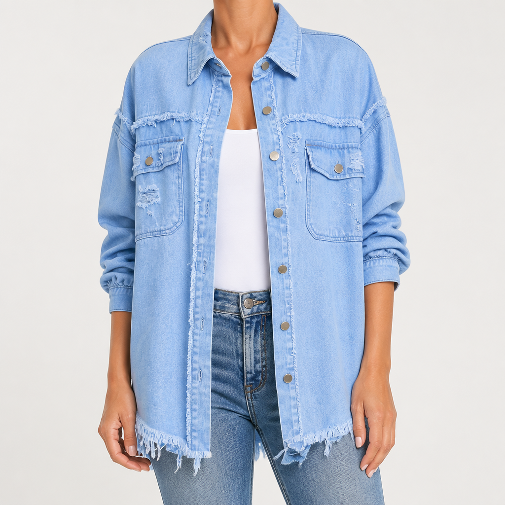 Clarissa | Womens Longline Distressed Denim Jacket, Sky Blue
