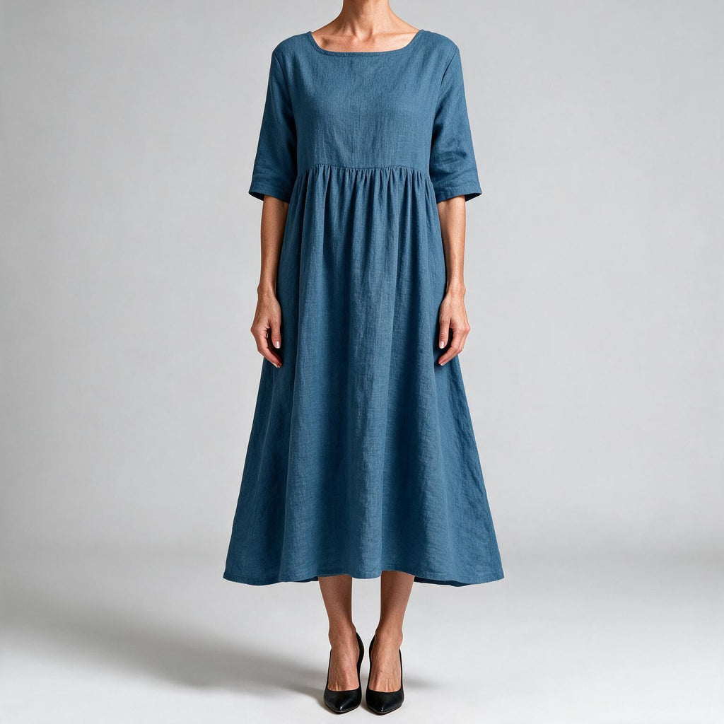 Saoirse | Womens Wedding Guest Summer Midi Cotton Linen Round Neck Dresses