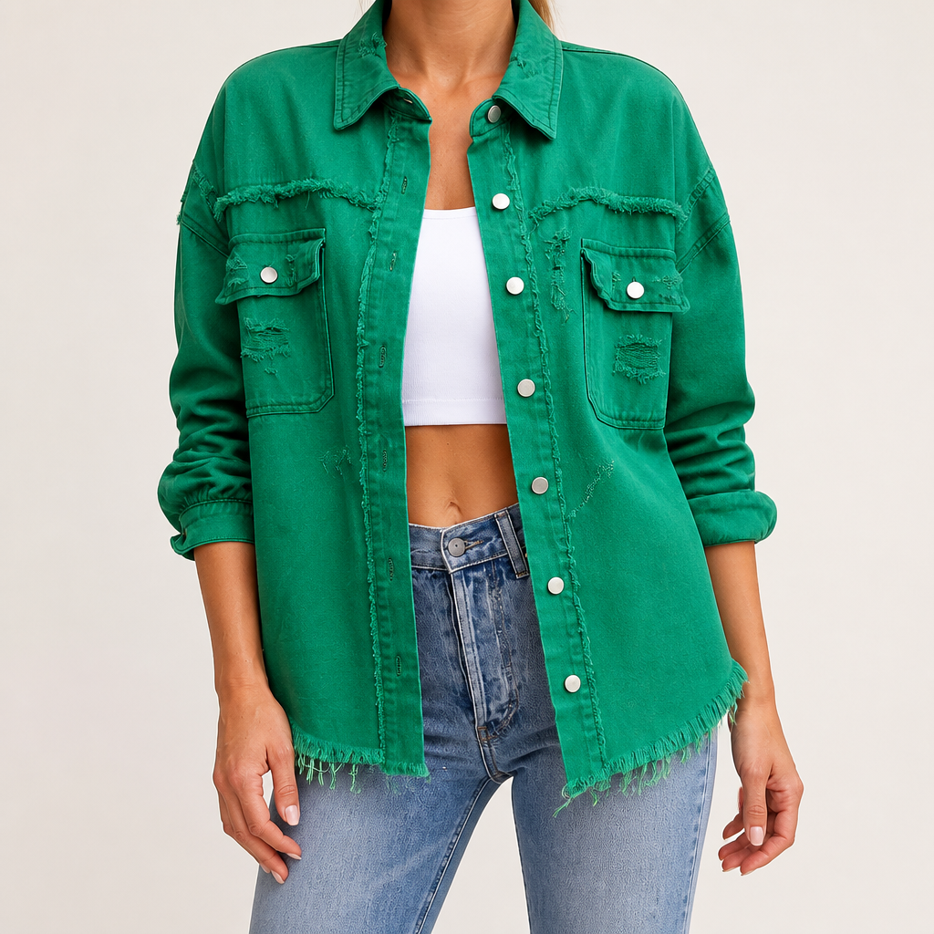 Clarissa | Womens Longline Distressed Denim Jacket, Green