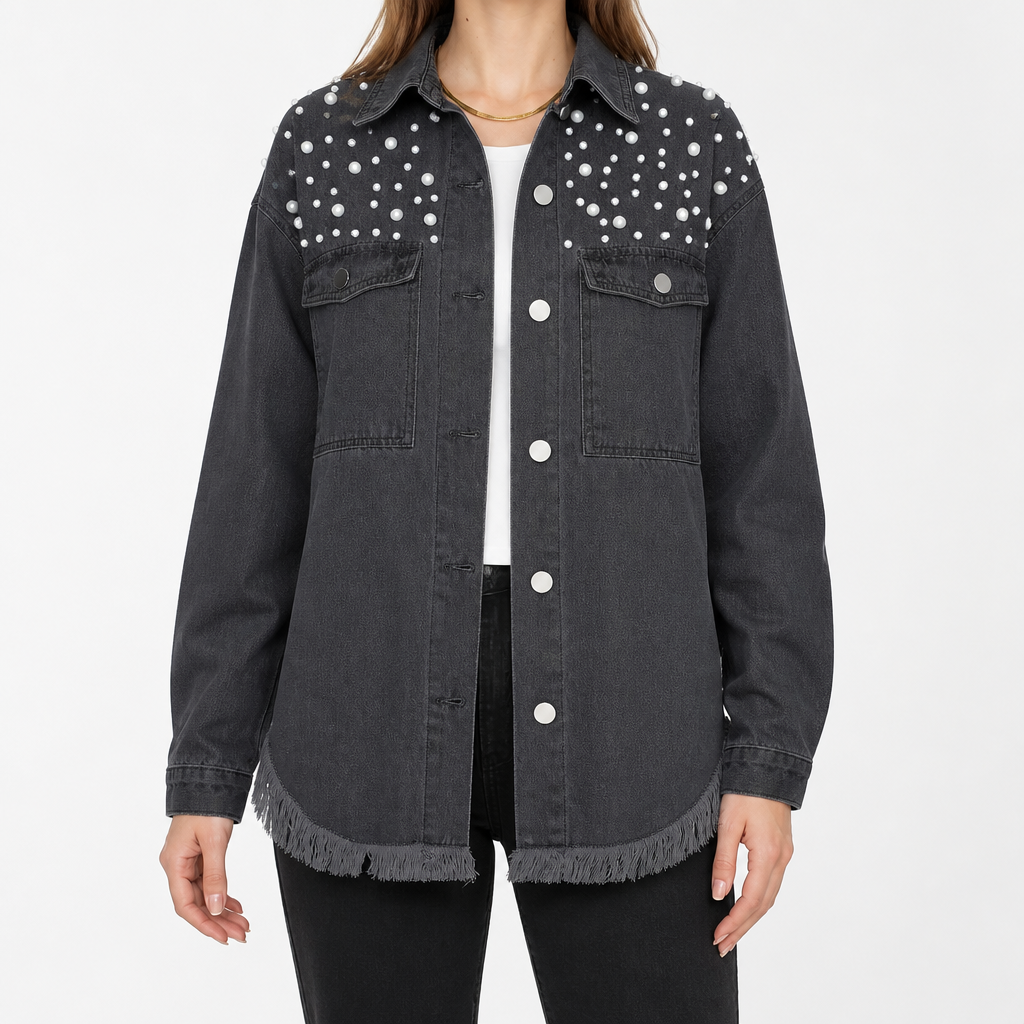 Eleanor | Womens Oversized Beaded Frayed Denim Jacket, Black