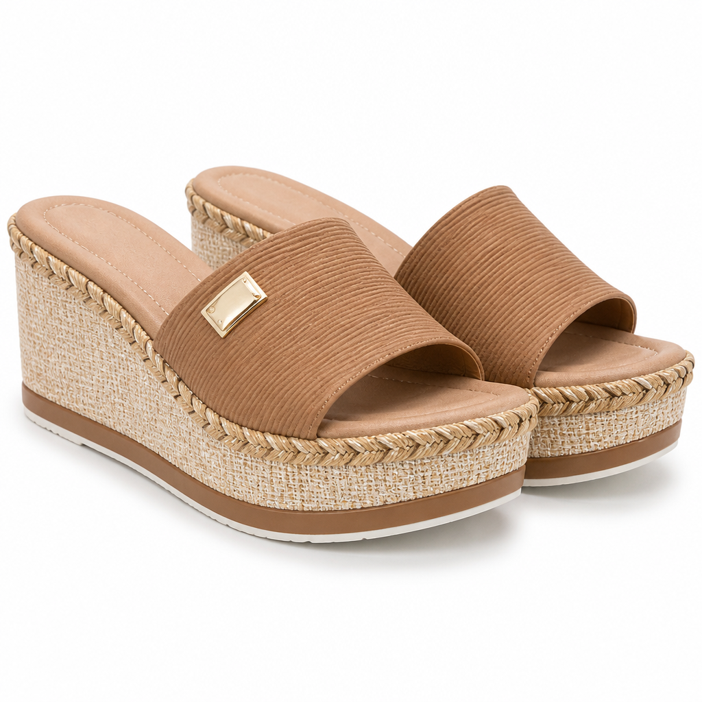 Bijou | Womens Platform Wedge Black Summer Slider Strappy Sandals Light Brown packshot