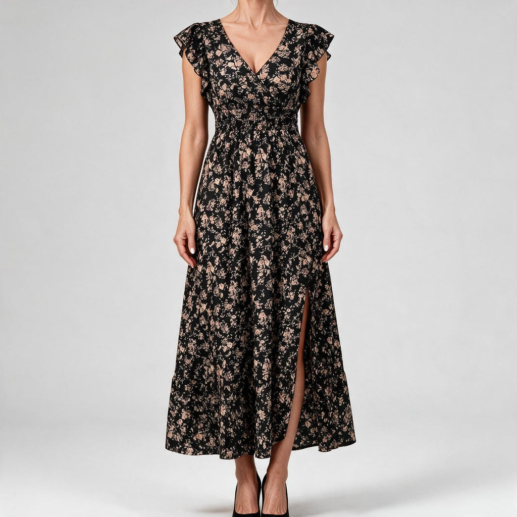 Willa | Womens Wedding Guest Floral Maxi A-Line Summer Dress Black