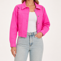 Genevieve | Womens Distressed Fringe Denim Jacket, Rose Red
