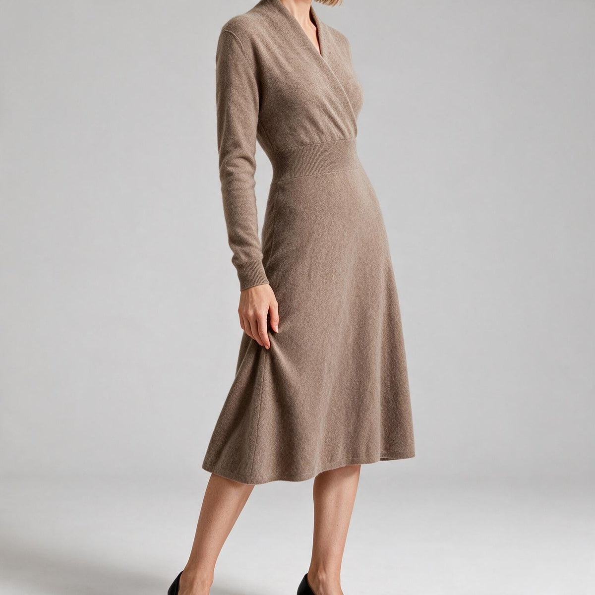 Genevieve | Womens Cashmere Knitted V Neck Midi Jumper Wedding Guest Dresses
