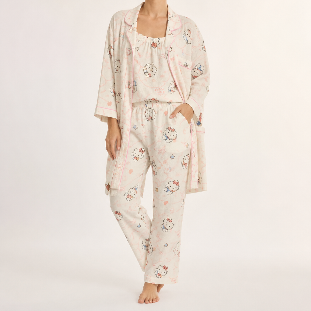 Rosalind | Womens Long Sleeve Button Up Cotton Pyjama Set Loungewear, Ivory 4
