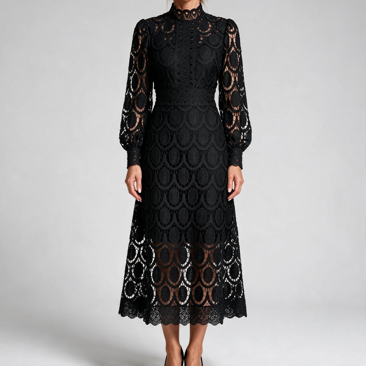 Genevieve | Womens Wedding Guest Lace A-Line Puff Sleeve Dresses Black