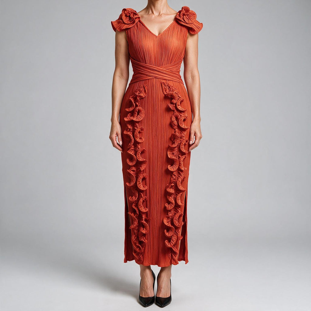 Mireille | Womens Wedding Guest Dress Pleated Ruffle Evening Maxi Dress Orange Red