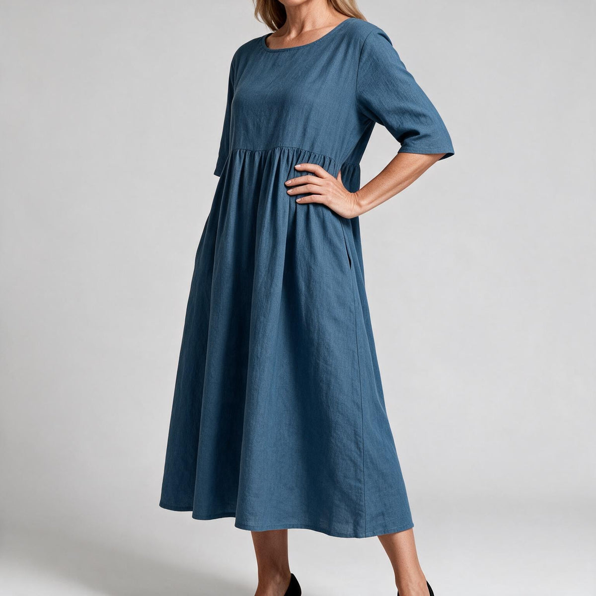 Saoirse | Womens Wedding Guest Summer Midi Cotton Linen Round Neck Dresses