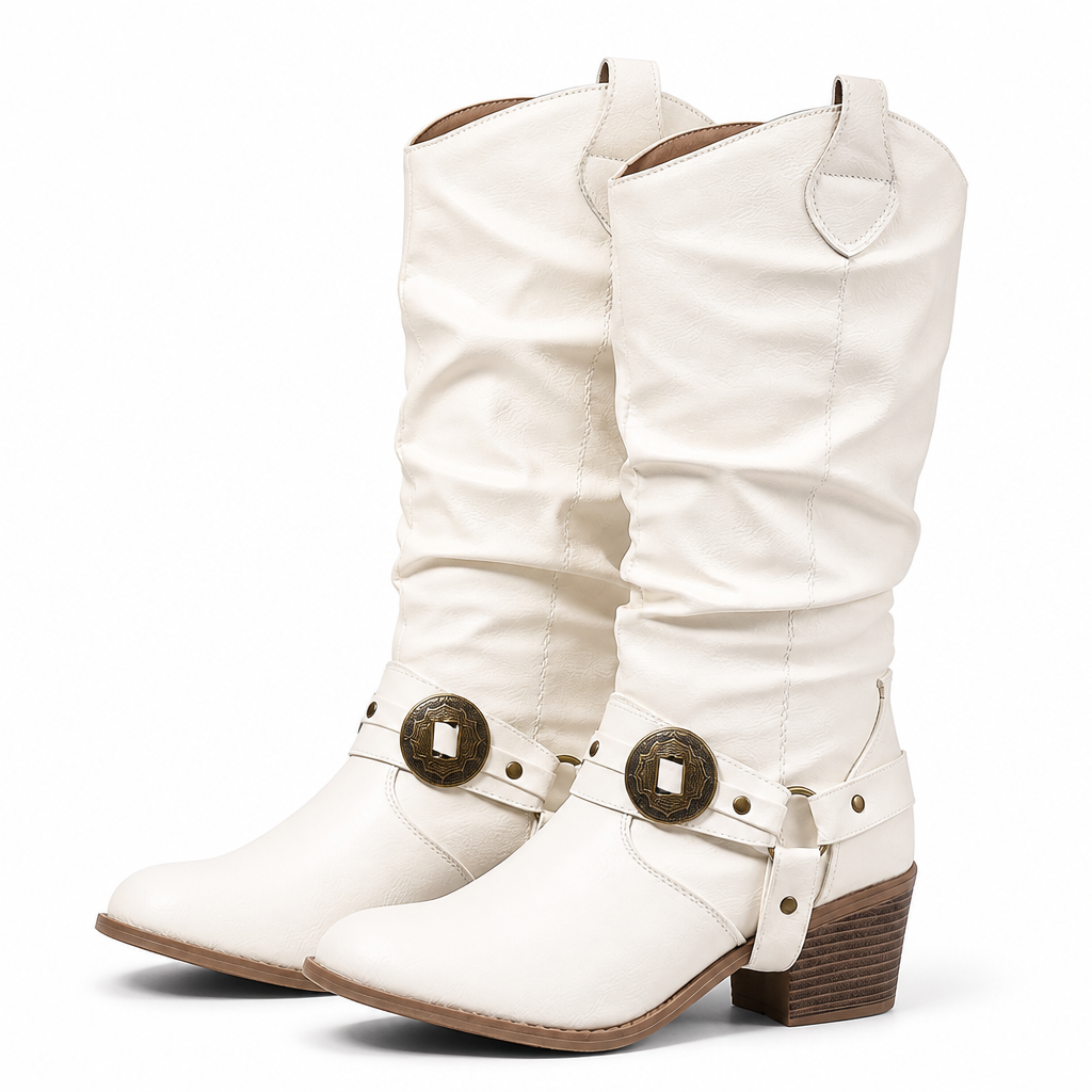 Romilly | Womens Cowboy Boots Studded Chunky Heel Western Long Boots White packshot